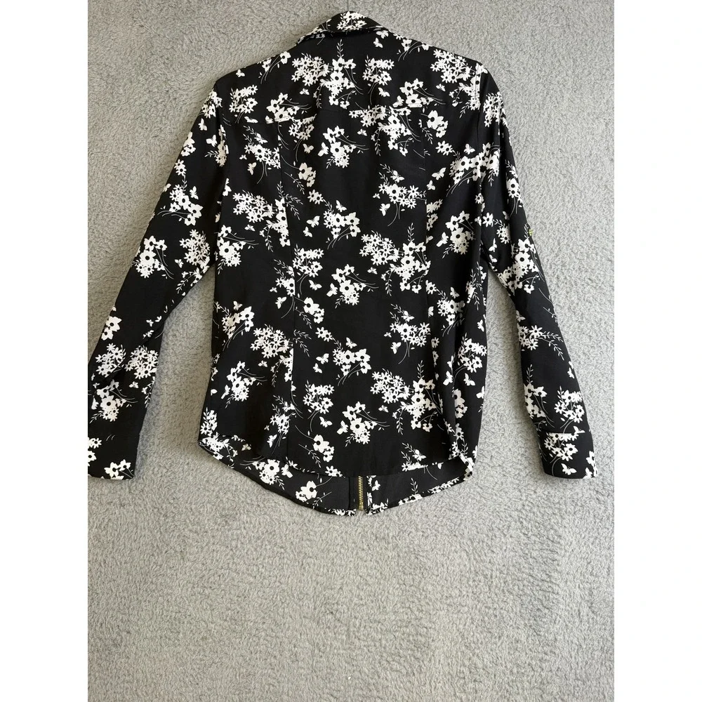 Michael Kors Jacket Womens Medium Black White Floral Full Zip Gold Accents Shirt